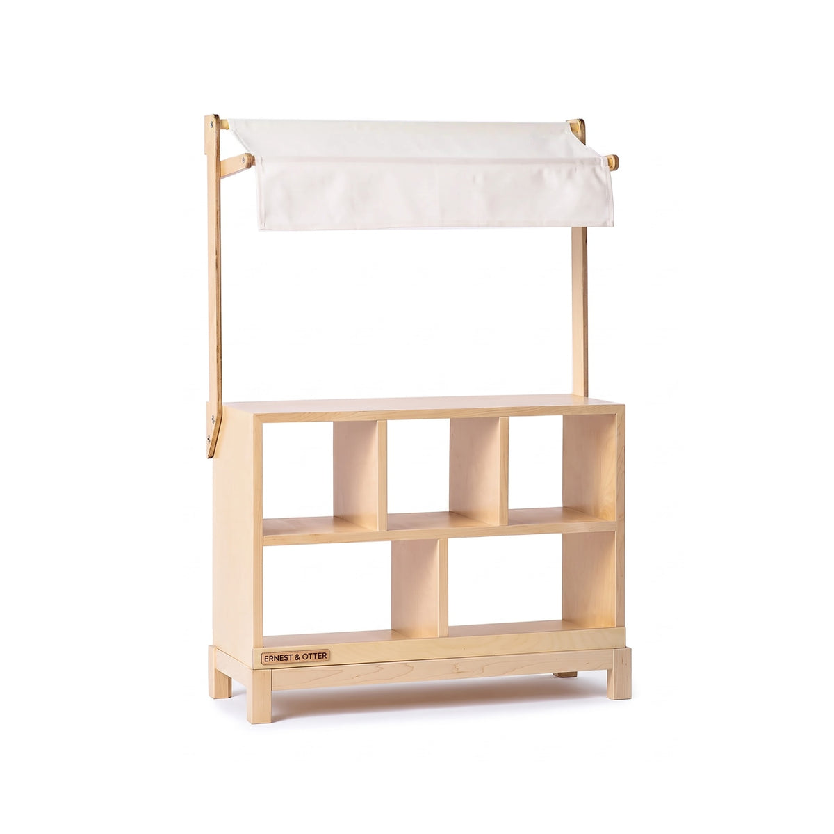 Wooden Play Market Stand - natural with white canopy, angled