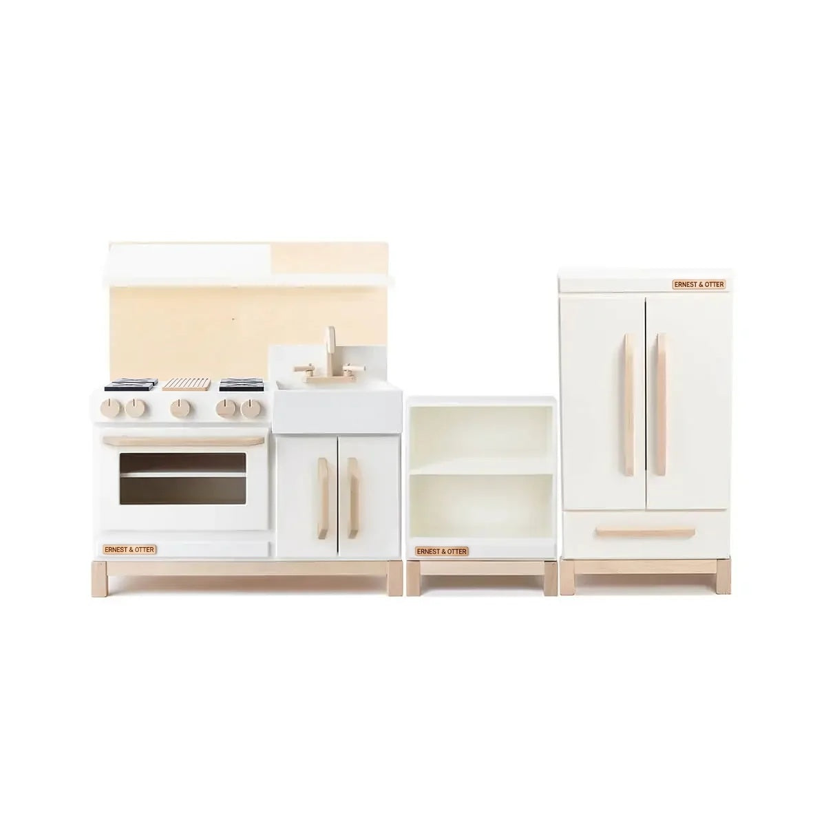 Ernest & Otter essential wood play kitchen hood countertop refrigerator white