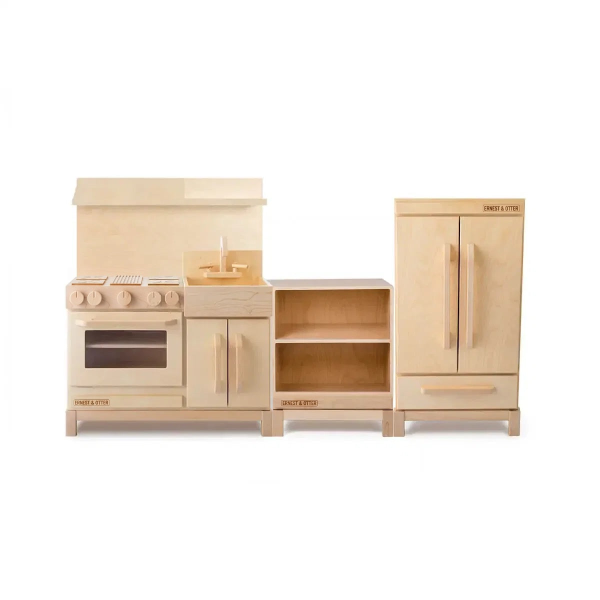 Ernest & Otter essential wood play kitchen hood countertop refrigerator natural