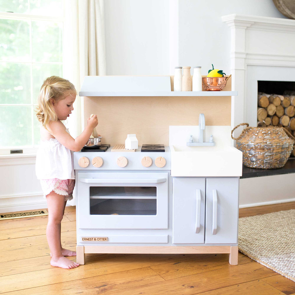 Ernest & Otter wood play kitchen gray blue lifestyle